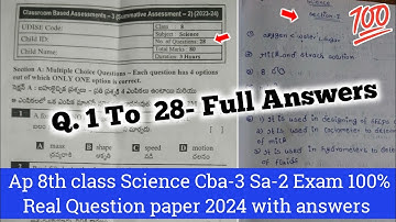 8th class Science Cba-3 Sa2 real paper and answers 2024|Ap 8th class Sa2 ps&ns answer key 2024