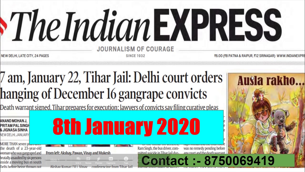 8th January 2020 The Indian Express Newspaper Discussion YouTube