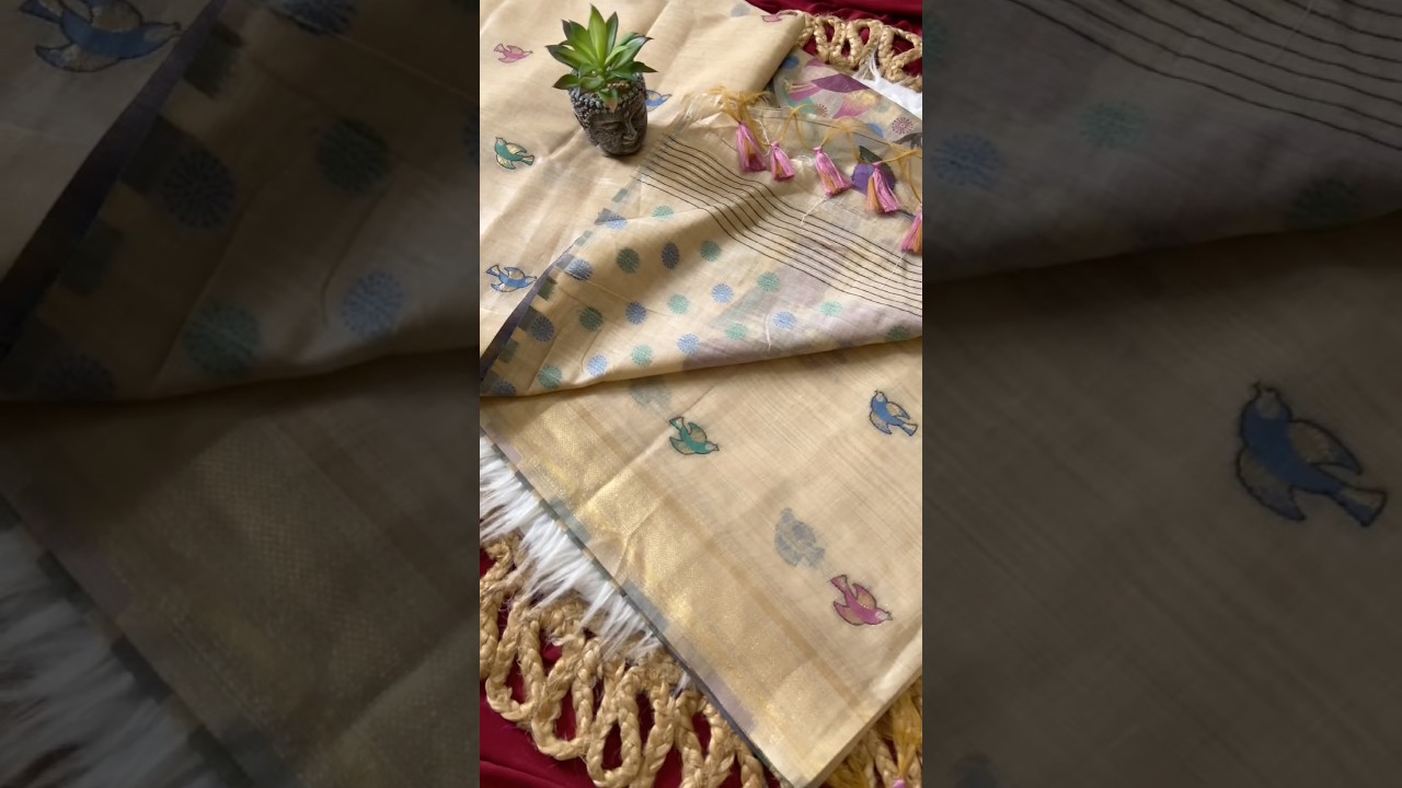 Muga Coton Resham Weaving Birds Design Saree