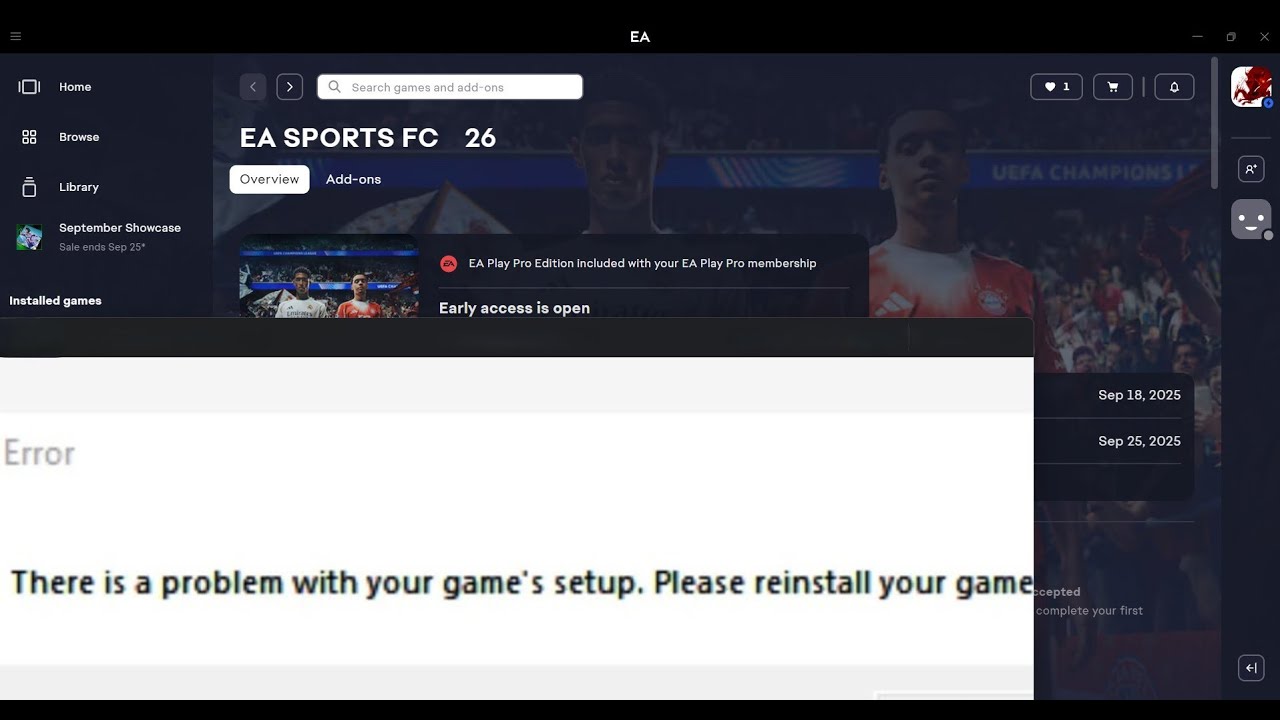 Исправление ошибки EA SPORTS FC 26. Возникла проблема с настройкой игры. Переустановите игру.