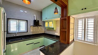 Green Modular Kitchen Design with Breakfast Countertop😍👌 Wooden Cabinets 