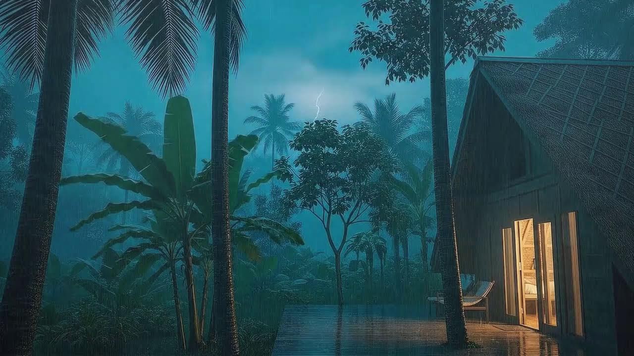 End Midnight Wake with Jungle Rain at a Cabin Balcony and Low Sky Drum to Calm Your Mind 🌧️