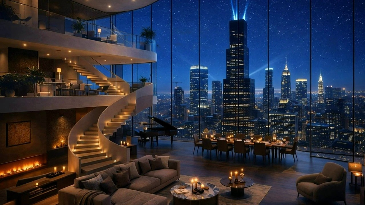 Cozy Luxury Penthouse Skyline | 4K Winter Ambience | 2026