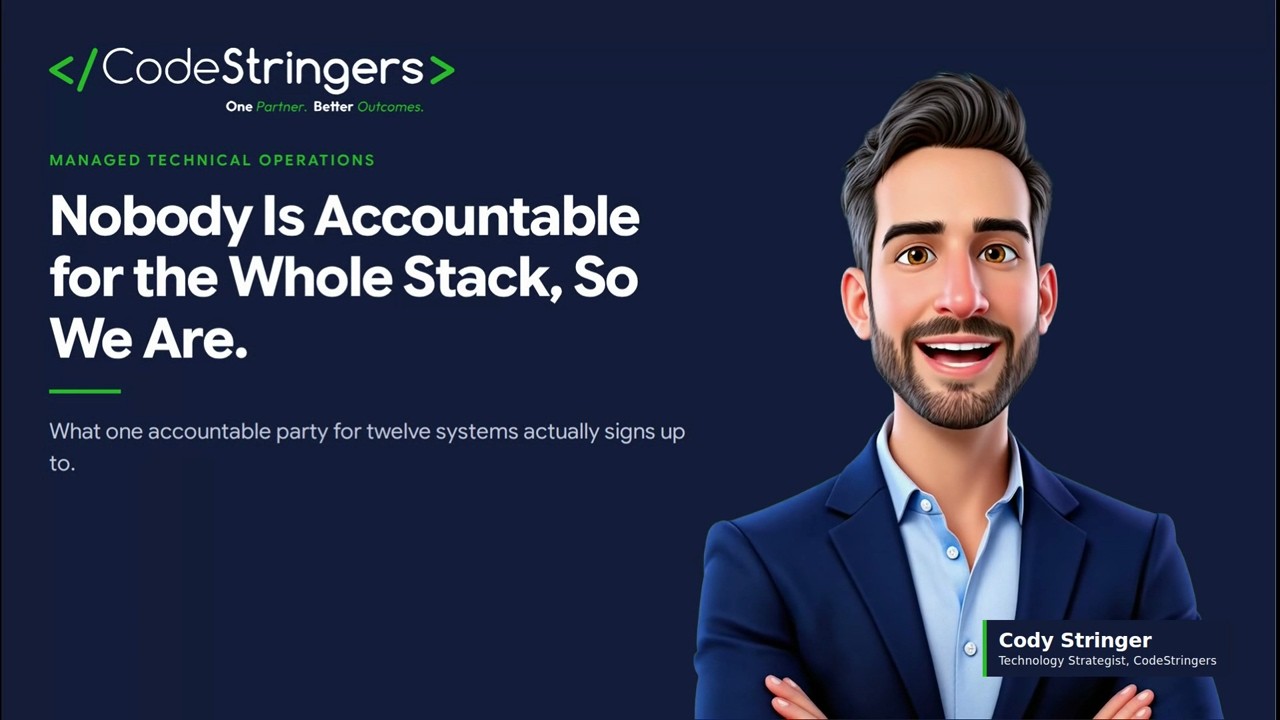 Title card: Nobody Is Accountable for the Whole Stack, So We Are, with presenter Cody Stringer