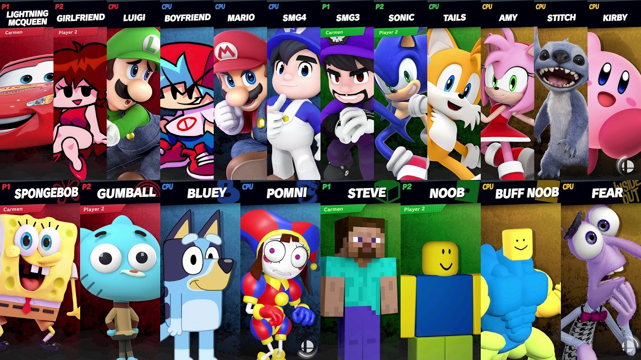 Sonic vs Mario vs Roblox vs Minecraft vs Car vs Bluey vs SpongeBob vs Girlfriend vs Amy | Smash Bros