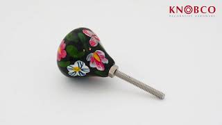 NKPS 044 V Turquoise and pink Flowers Green Leaves With Black Base Wooden Knobs