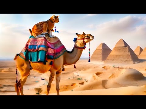 A cat sitting on top of a camel. The camel is going into the desert ...