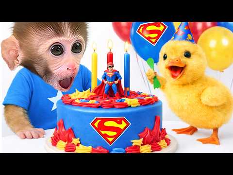 DuDu the monkey cleans the house and builds a treehouse with Lego bricks together with the little...
