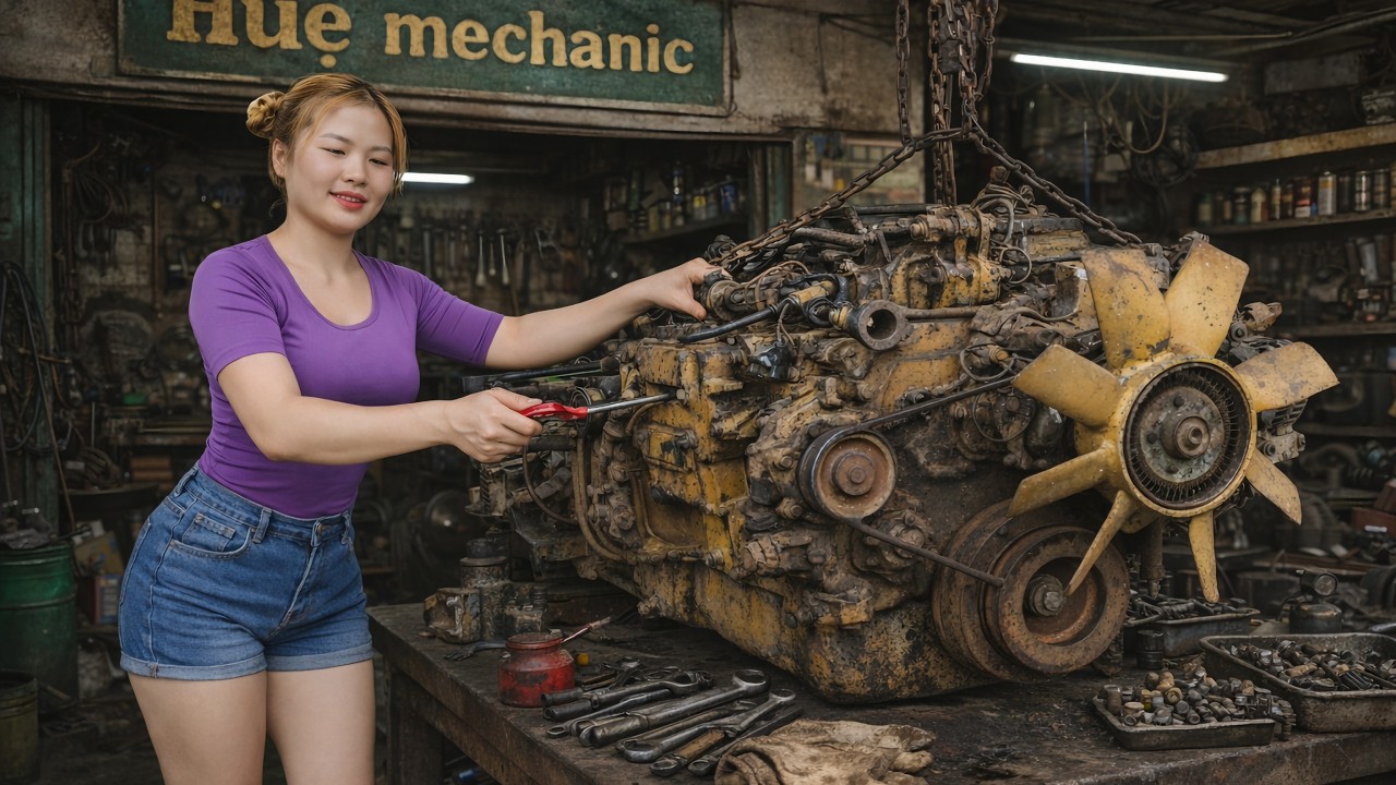 The genius girl successfully repaired and restarted a wheel loader engine.
