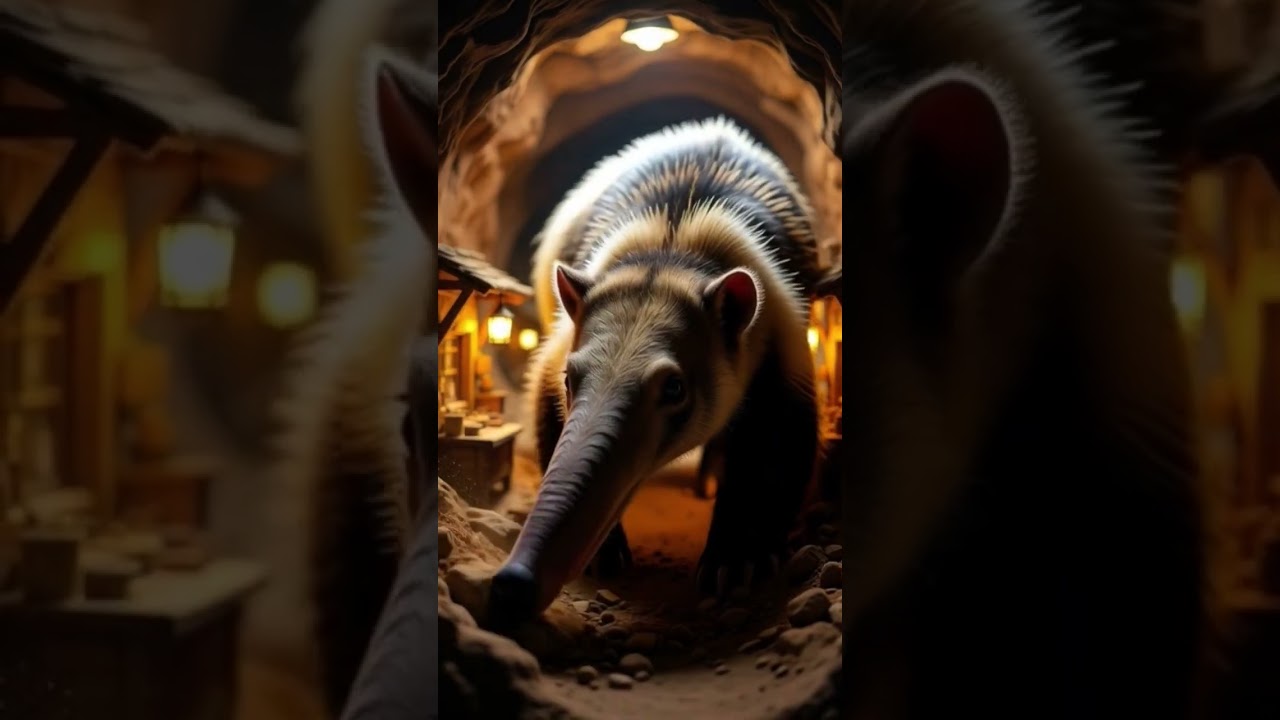 hyper realistic anteater with a long, slender snout exploring back-breakingly