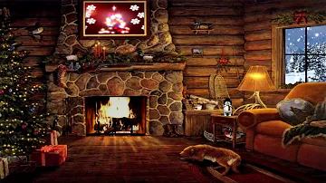 Christmas Cottage with Yule Log Fireplace and Snow Scene