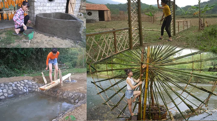 Timelapse: The Girl Alone build bamboo fences, Builds Pond Banks, and Makes Water Wheels