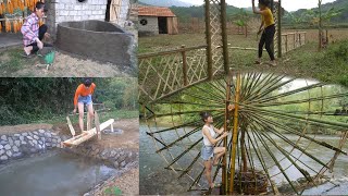 Timelapse: The Girl Alone build bamboo fences, Builds Pond Banks, and Makes Water Wheels