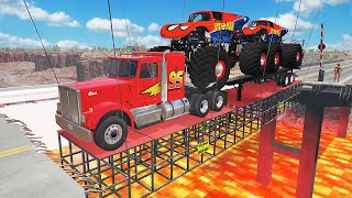 2 MONSTER SPIDER MAN TRUCK VS Minecraft LAVA DANGER BRIDGE