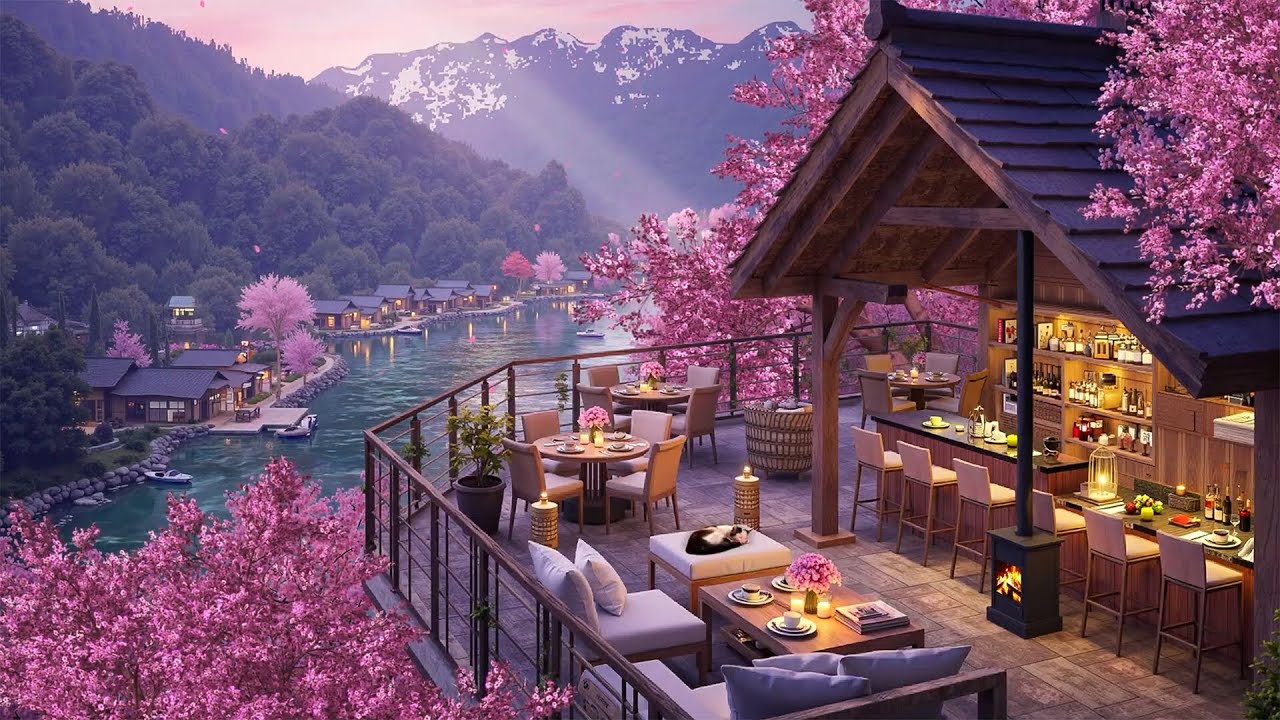 Smooth Jazz in a Cozy Spring Coffee Terrace | Warm Lakeside Retreat with Cherry Blossom & Calm Vibes