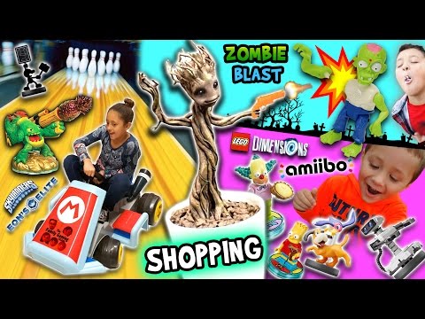 TOY HUNTING! Amiibo Bowling Challenge, Growing a Groot and Killing Zombies  (FGTEEV Shopping Vlog)