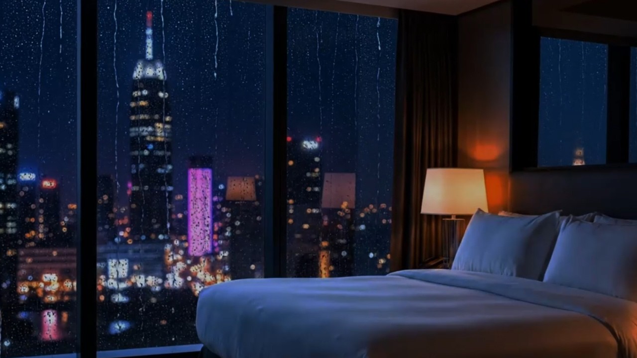 10 Hours Rain Sound Night Ambient on Hotel Window