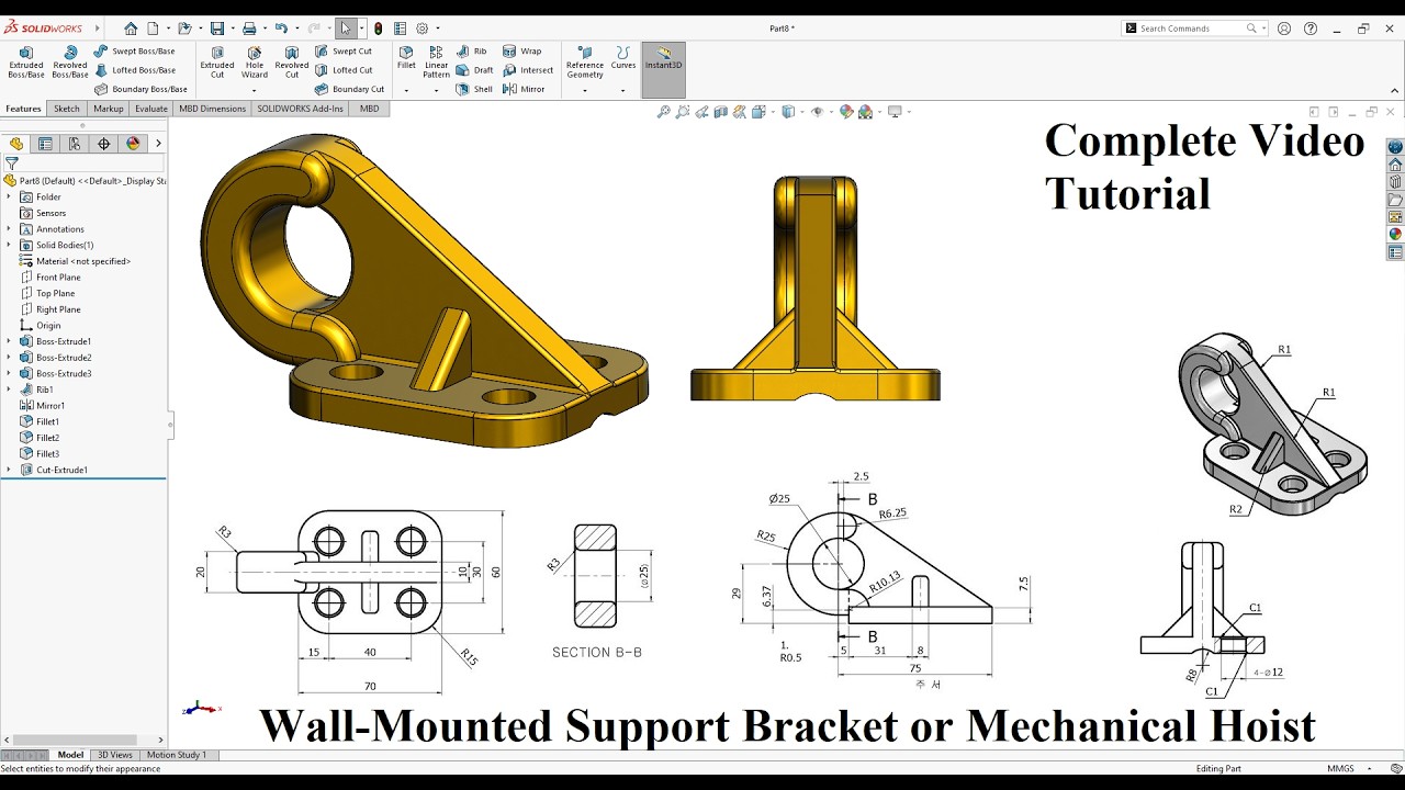 How to make Wall-Mounted Support Bracket or Mechanical Hoist Hook in Solidworks, Video Tutorial
