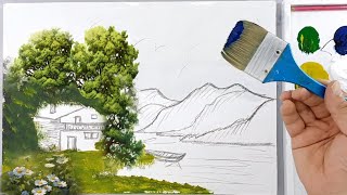 Painting a landscape of mountains, house and lake with watercolors for beginners