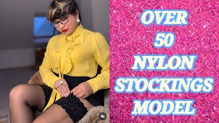Julia Woo Natural Older Women Fashion Over 50 Nylon Stockings Model