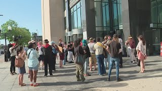 Group gathers outside Franklin County court to support protestors arrested at Ohio State