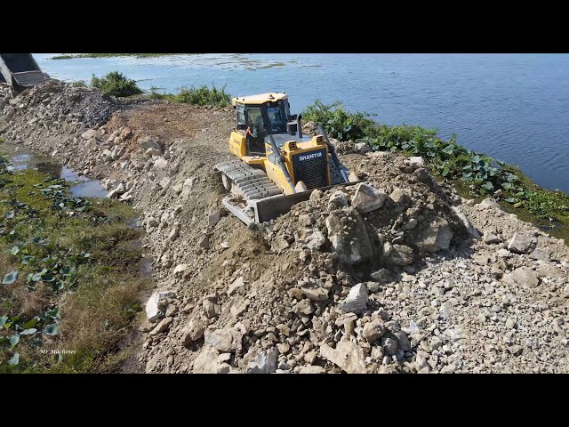 Amazing road building mighty machines bulldozer pushing rock and soil-truck unloading rock and soil class=