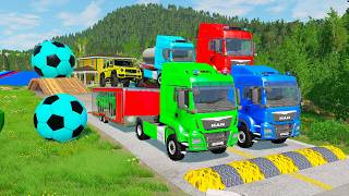 Flatbed Trailer McQueen Transportation with Truck - Speedbumps vs Cars vs Train - BeamNG.Drive #22 screenshot 1