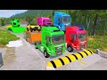 Double flatbed trailer truck vs speedbumps train vs cars  tractor vs train beamngdrive 067 part 1