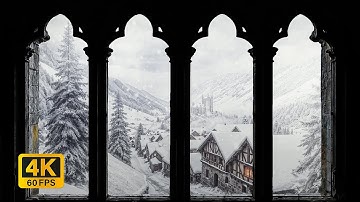 4K Medieval Village Winter Window View - Peaceful Snowstorm Ambience - Relax & Read by the Fire