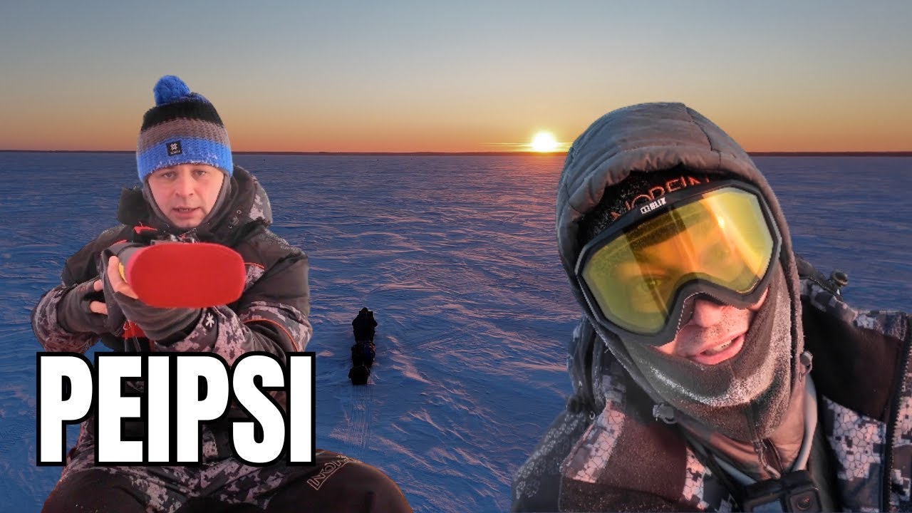 Ловим окуня на Чудском озере в сильный мороз. Рыбалка с ночевкой. Уходим на мотособаке в закат