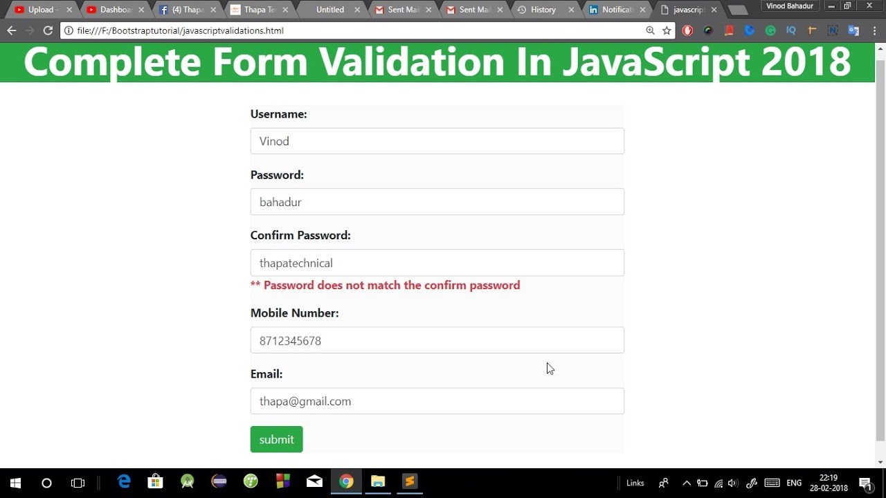 Complete Form Validation in JavaScript in Hindi [ Registration form