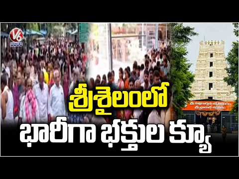Srisailam Temple Witnesses Huge Queue of Devotees | V6 News - V6NEWSTELUGU