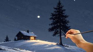 🌙 Can Beginners Really Paint This Cozy Winter Night | Easy Acrylic Painting Tutorial | #0132