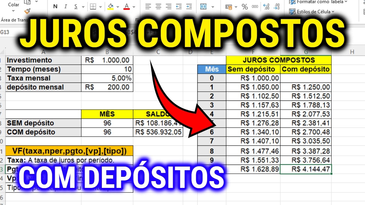 Como calcular juros compostos no Excel com depósitos mensais