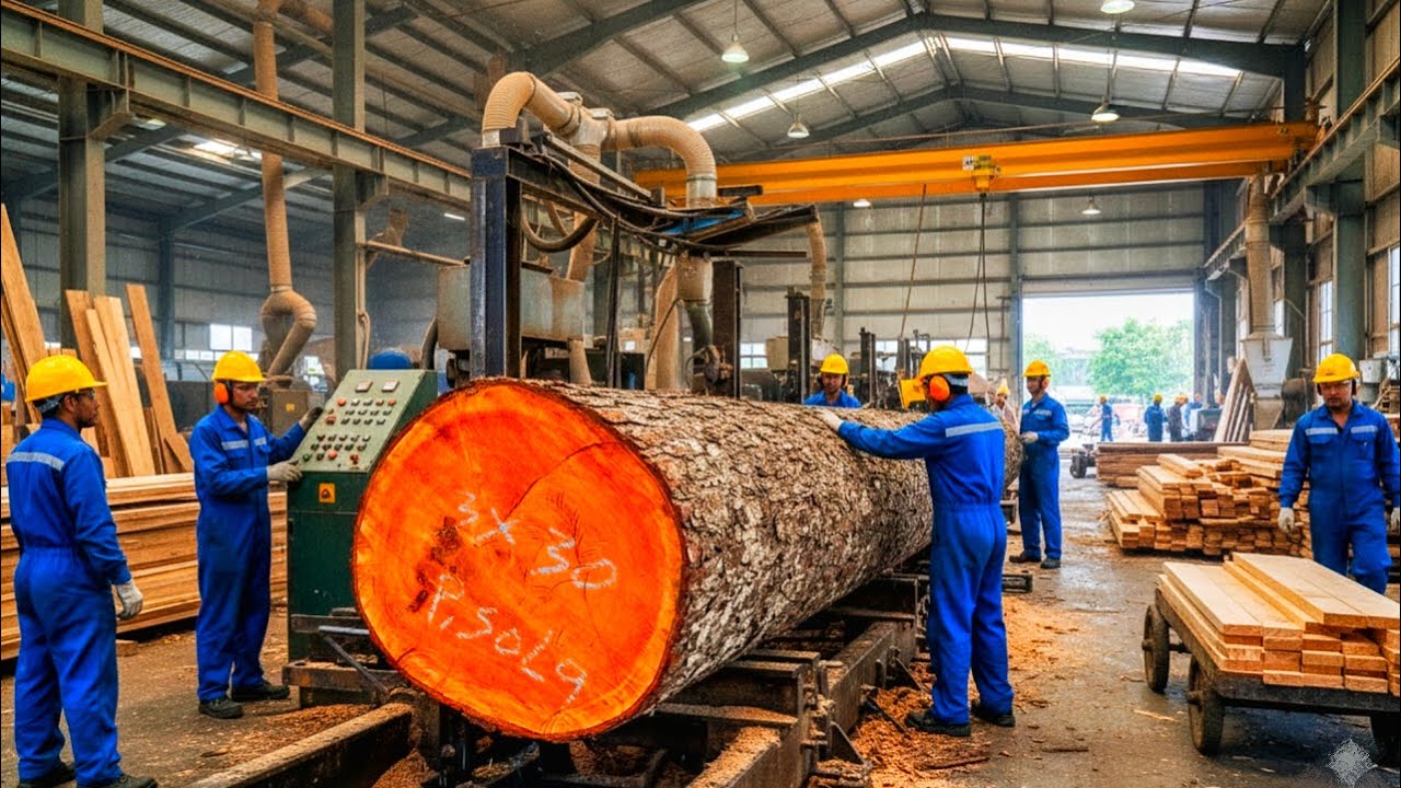 Inside the wood processing plant-Sawing long, beautiful oak logs - YouTube