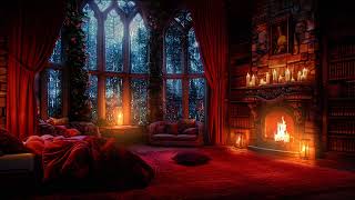 Nighttime Thunderstorm in this Cozy Castle Room with Rain and Fireplace Sounds to Sleep Instantly