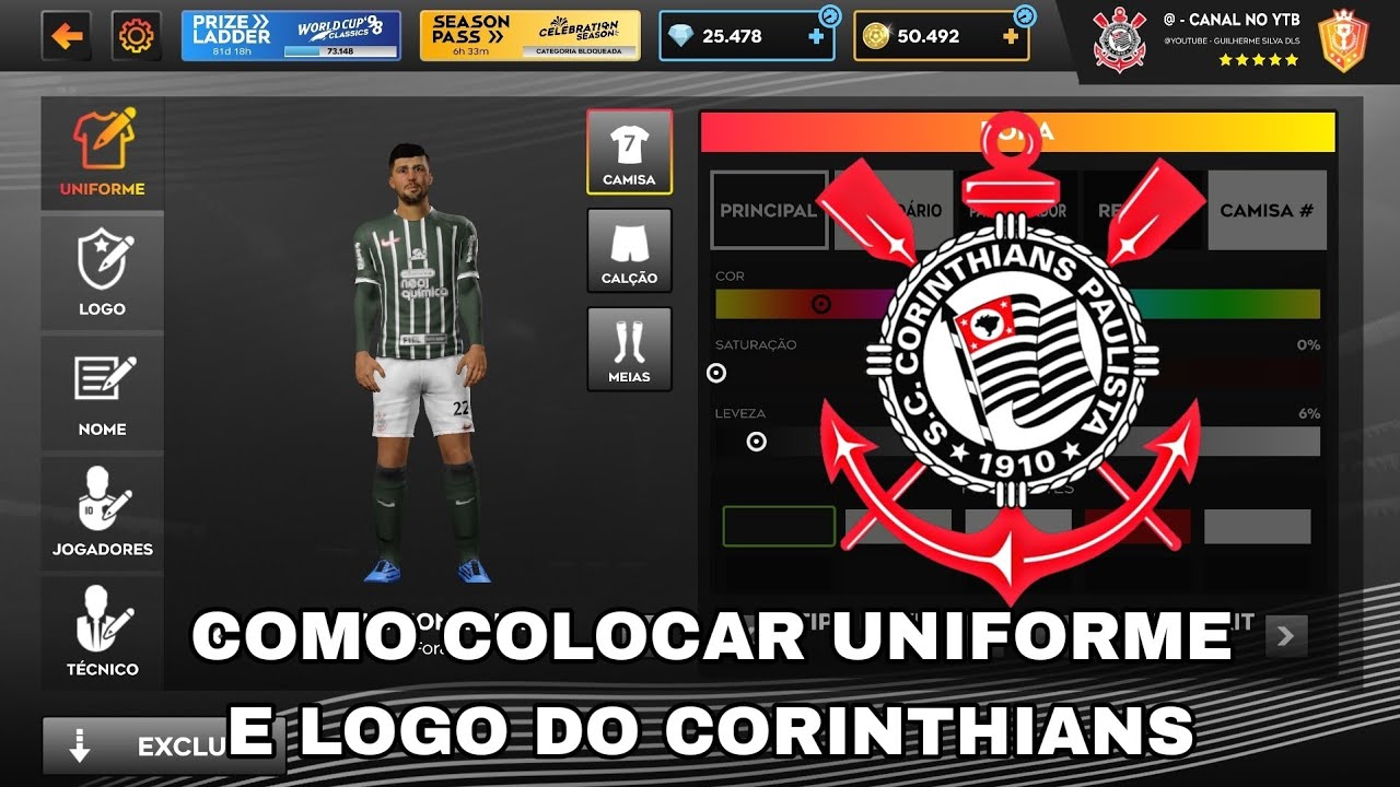 COMO COLOCAR O UNIFORME E LOGO DO CORINTHIANS NO DLS 25