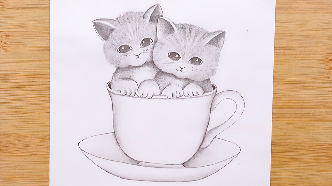 Pencil sketch Drawing  How to Draw a Cute Kitty in a Cup  Step by Step   YouTube