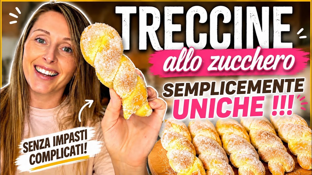 RAGAZZA CHE MOSTRA UN ATRECCINA ALLO ZUCCHERO CON UN VASSOIO I TRECCINE SULLO SFONDO
