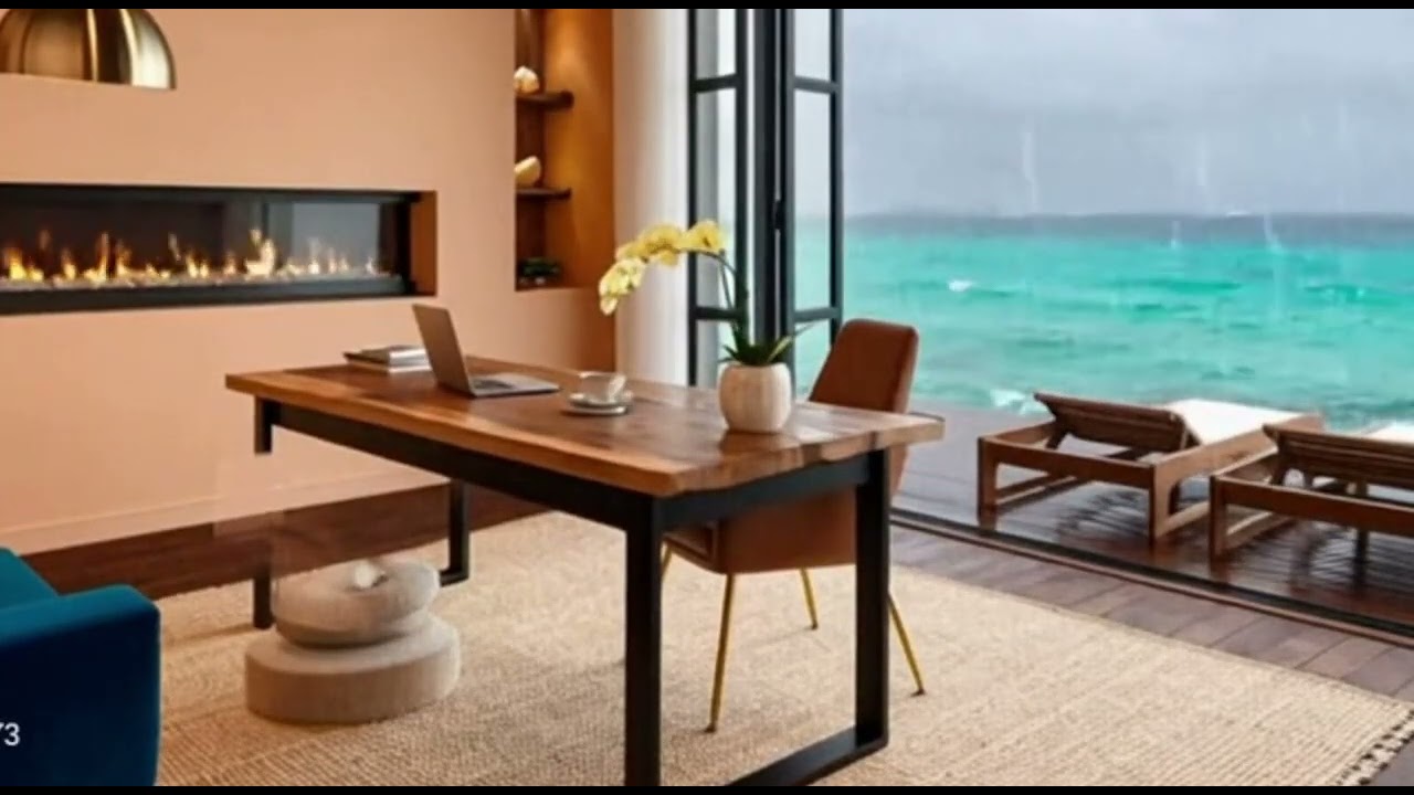 Modern Oceanfront Study - Gentle Fireplace, Rain 🌅 Ocean View | Calm Relaxation | 1 Hour