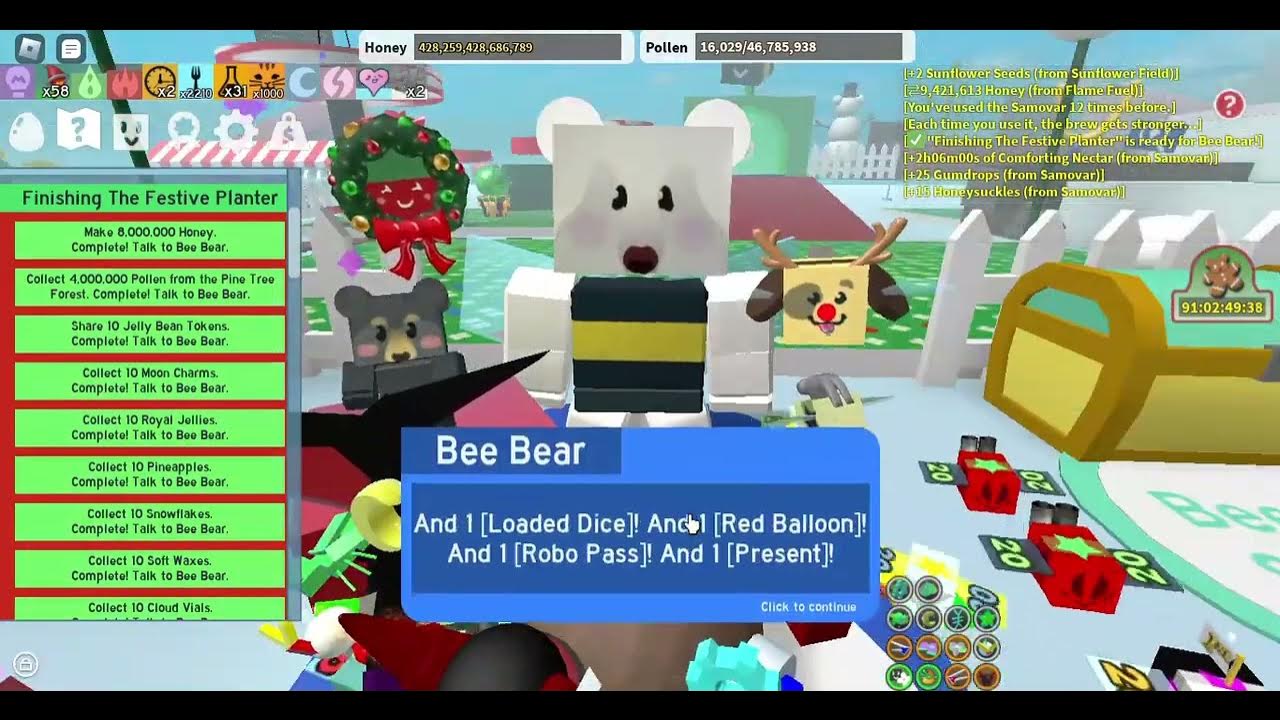 Completing bee bear quest 10 + rewards Roblox Bee Swarm Simulator