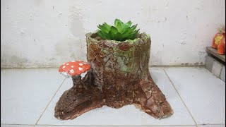 Unique & Simple to make a beautiful tree stump cement pot at home