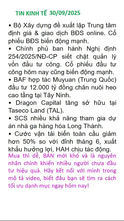 Tin kinh tế 30/9: Bộ Xây dựng đề xuất Trung tâm định giá BĐS – Chính phủ siết chặt vốn đầu tư công