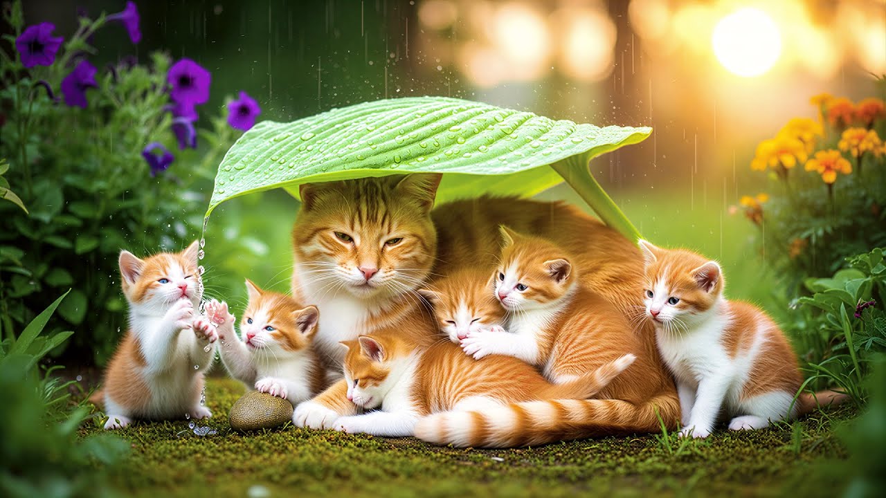 Cozy Rainy Day with Mama Cat & Kittens | Wholesome ASMR Garden Play & Sunset Cuddles