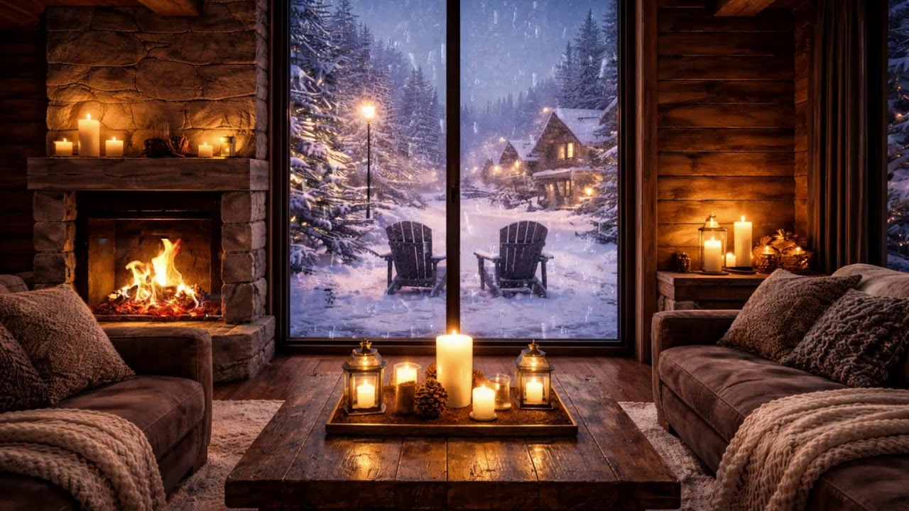 Golden Firelight & Winter Jazz 🎷 Calm Snowy Street – Live