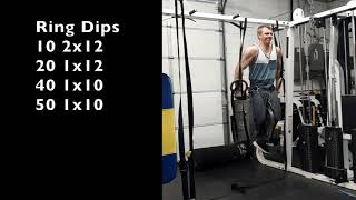 Ring Dips 50lb 1x10 Lat Pulldowns 250lb 1x10