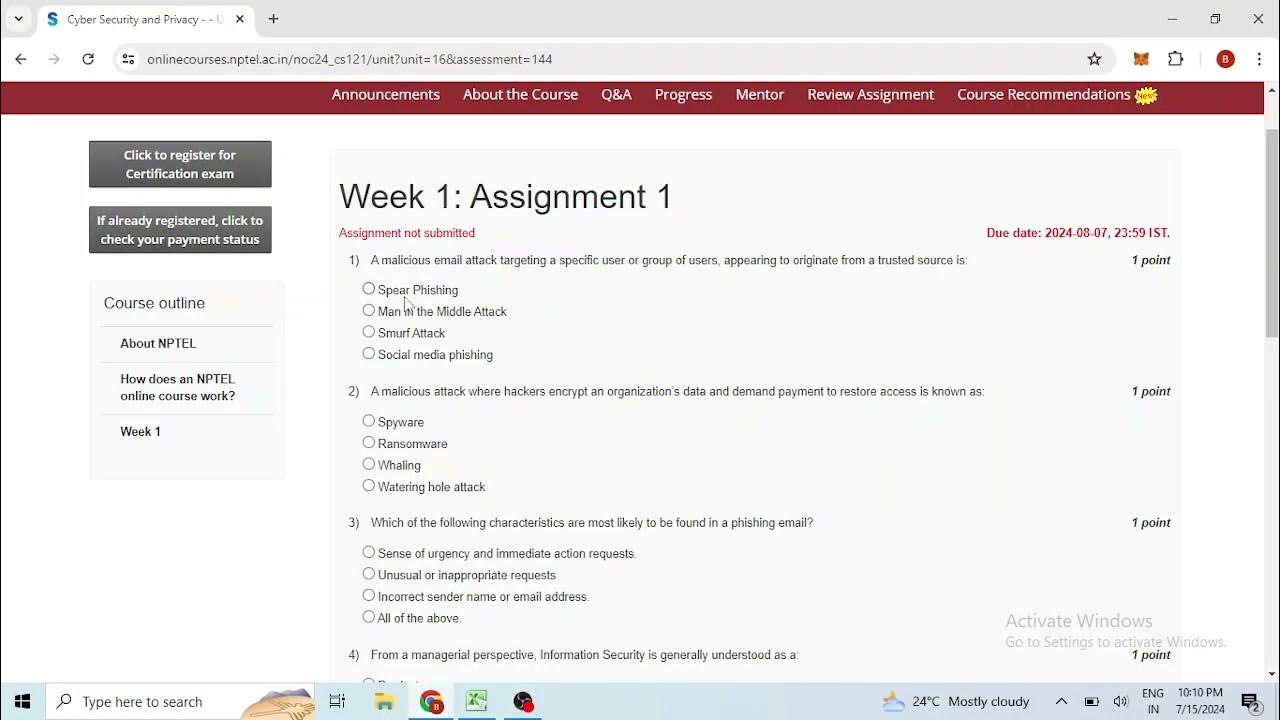 cyber security and privacy |Week1 Nptel Assignment solutions 2024 - YouTube