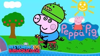 Pintando George Pig Com Chapéu De Dinossauro Na Bicicleta Histórias De Brinquedos Em Português