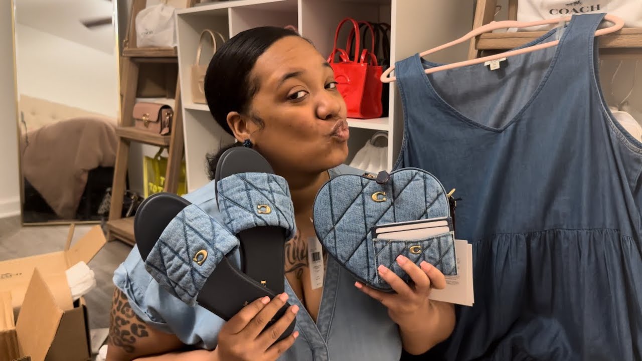 Coach Triple Quilted DENIM Unboxing | Heart bag, Holly sandals, & Card case