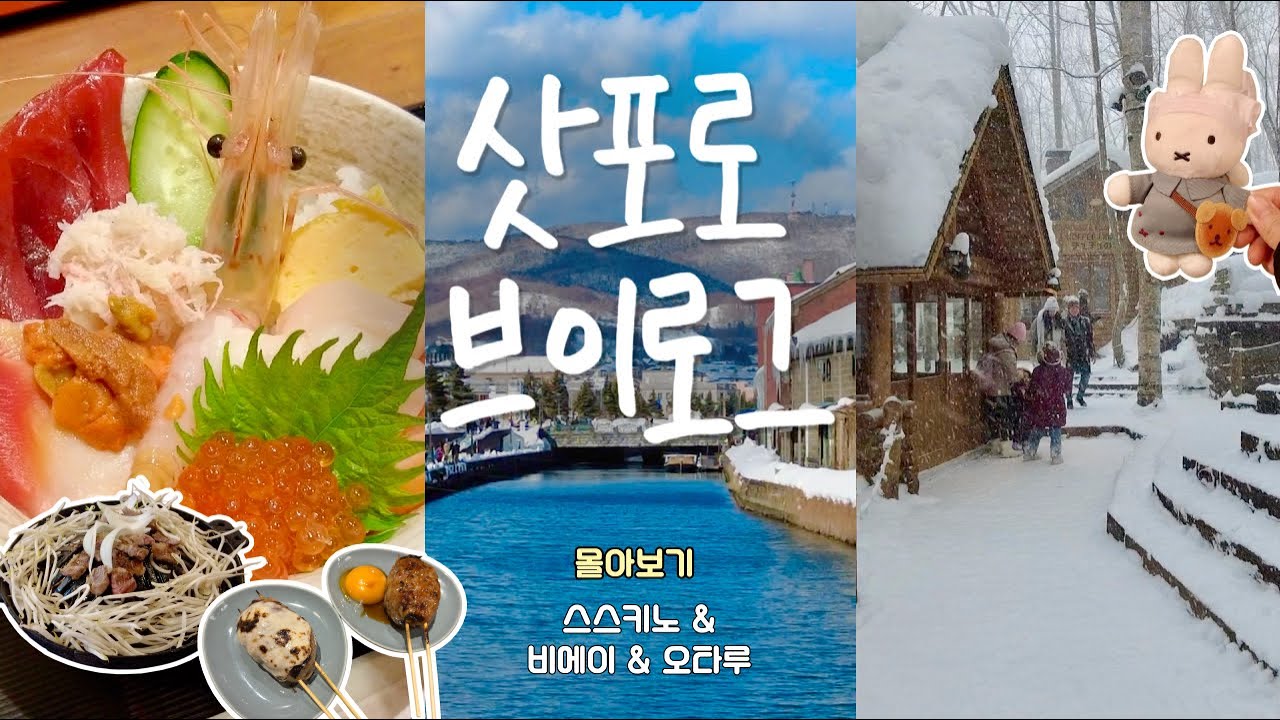 [겨울 삿포로 3박 4일 여행 브이로그 몰아보기] 비에이 버스투어, 오타루 당일치기, 징기스칸/카이센동/스시/우동/야끼토리/스프카레 스스키노 맛집, 가챠/산리오샵/빌리지뱅가드